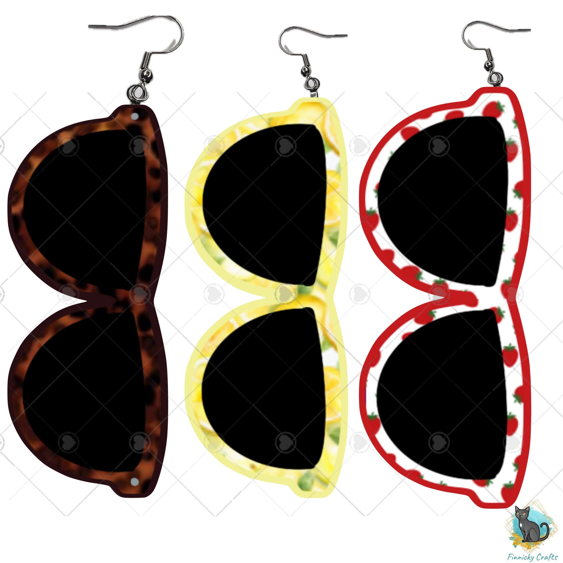 Sunglasses Shaped Earrings, Tortoiseshell, Lemon, Strawberry, PNG, Sublimation Design, Digital Download