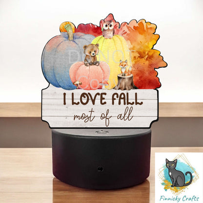 Fall Light Base, Love Fall Most of All, Sublimation Design PNG, Pumpkins, Welcome Sign, Woodland animals, autumn leaves, Words and blank