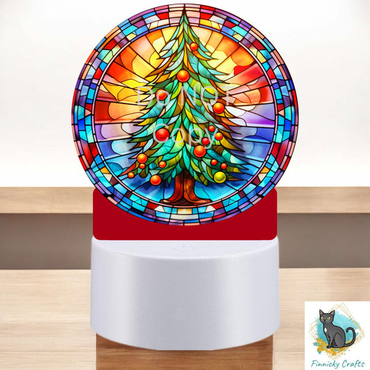 Christmas Stained Glass, Christmas Tree, Round Light Base Acrylic, Sign, Sublimation, Digital, PNG, Design, Acrylic, Nightlight