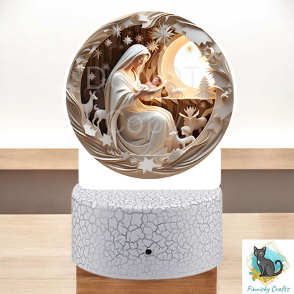 Christmas Mother and Child, Papercut, quilling, Round Light Base, PNG, Digital Download for Sublimation, Night Light