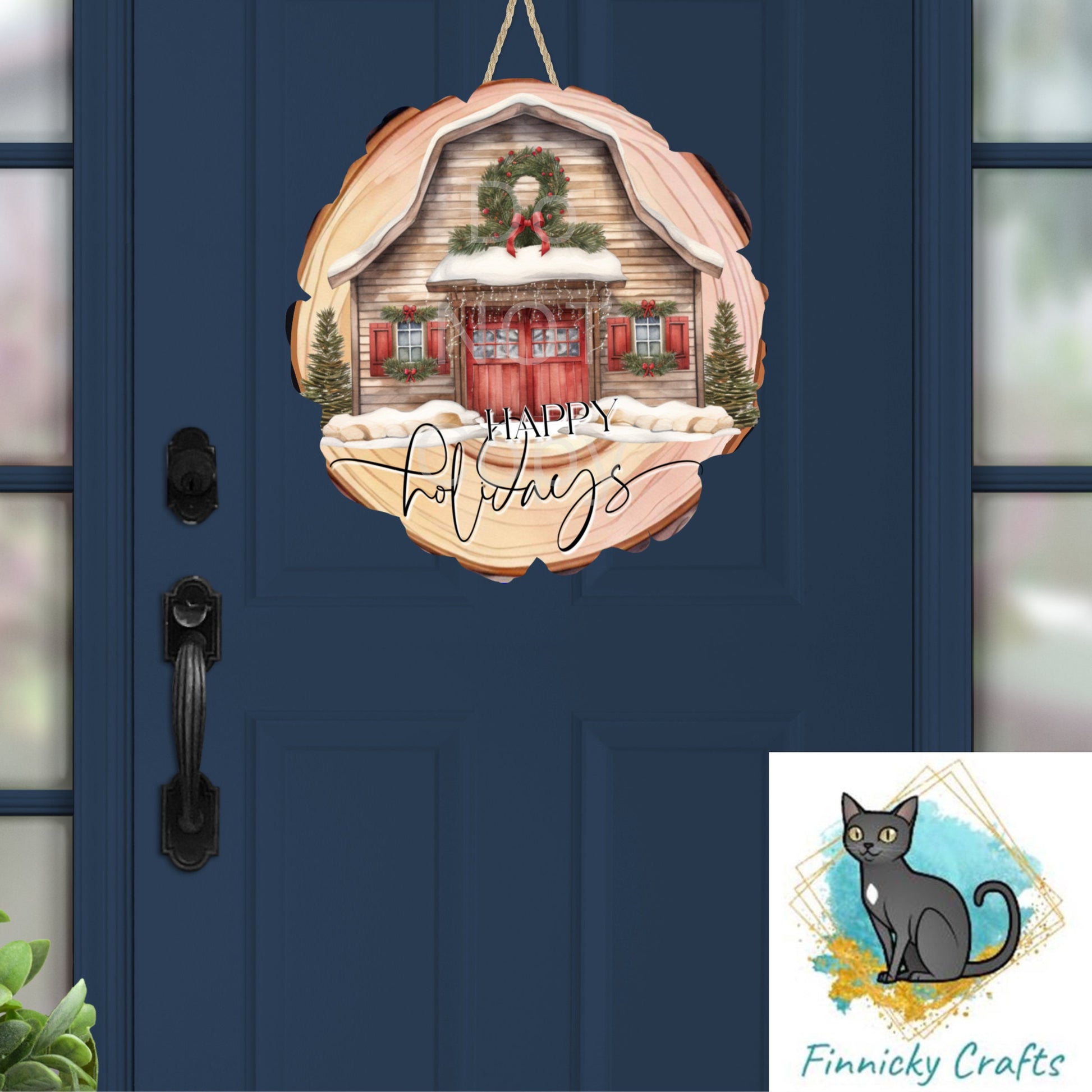 Wood Slice Happy Holidays , Christmas, Winter, PNG, Design, Download, Door Hang, Ornament, Sublimation, Acrylic, MDF, DTF, earrings, sign.