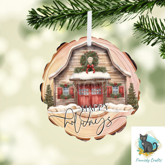 Wood Slice Happy Holidays , Christmas, Winter, PNG, Design, Download, Door Hang, Ornament, Sublimation, Acrylic, MDF, DTF, earrings, sign.