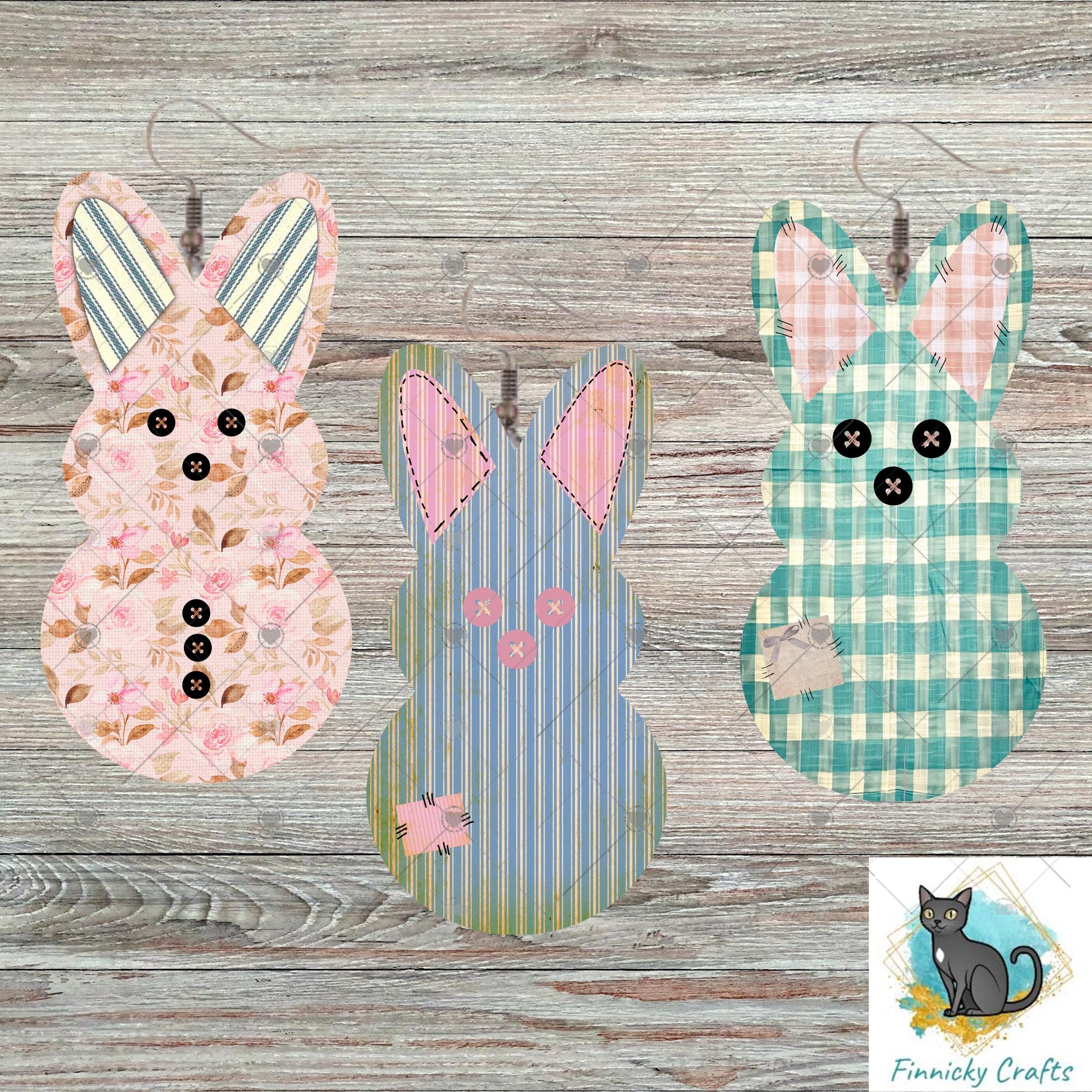 Bunny, Easter, Old Fabrics, Sublimation, Digital, PNG Design, Download for Earrings, Wall Decor, Door Hanger, Keychain