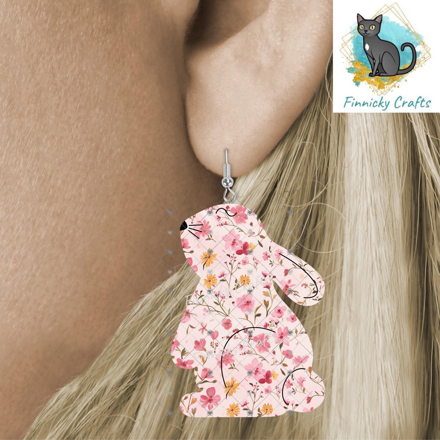 Bunny, Easter, Flowers, Sublimation, Digital, PNG Design, Download for Earrings, Wall Decor, Door Hanger, Earrings