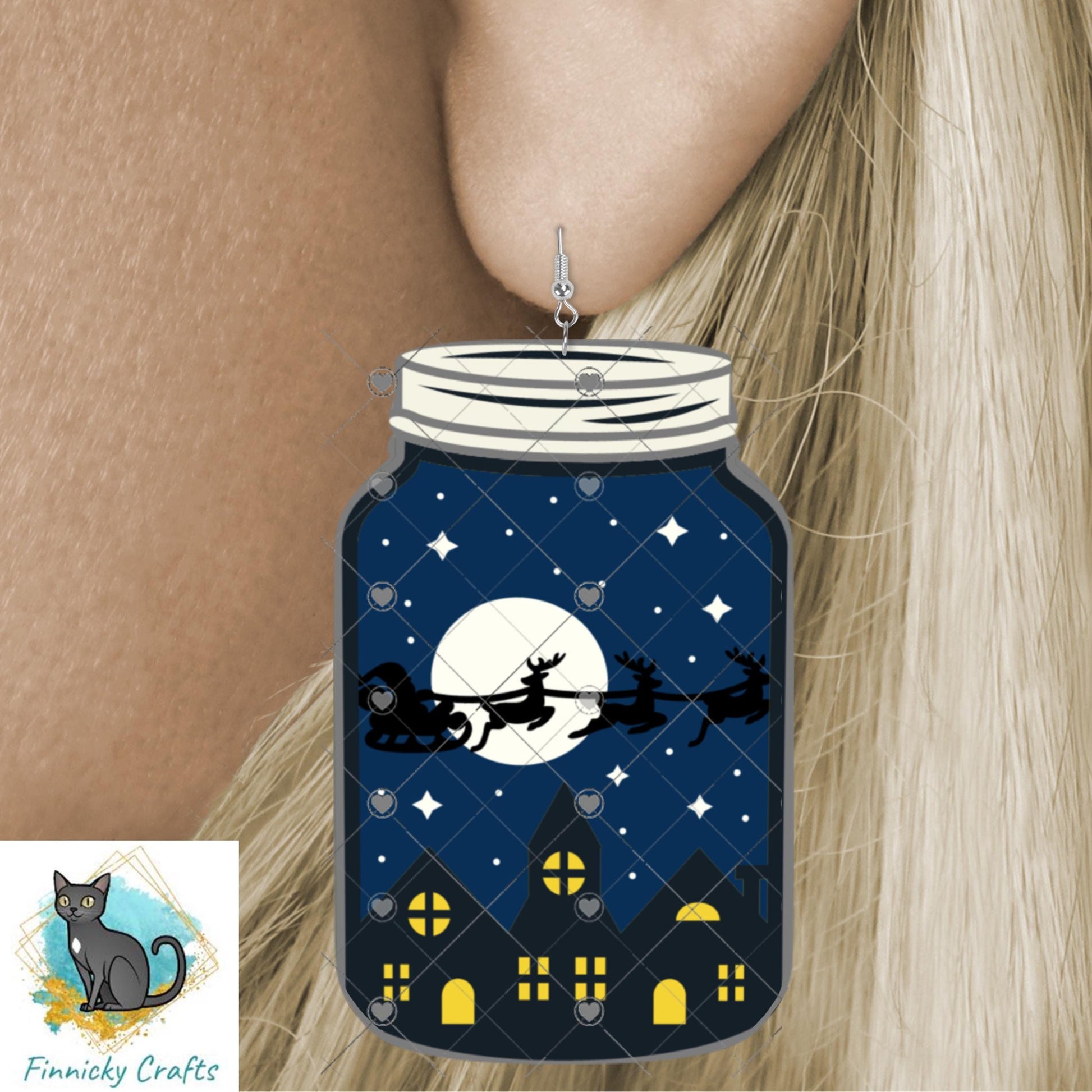 Christmas Mason Jar Sublimation Digital Design Bundle - MDF, Acrylic, Glitter Acrylic - Earrings, Sign, Nightlight, Vent Clip, Beach Bag