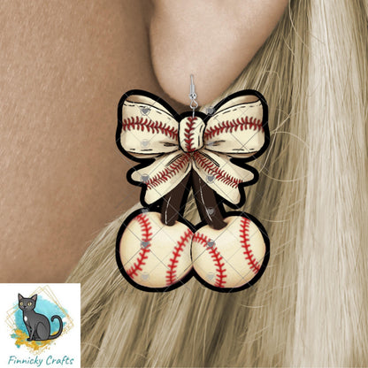 Baseball, Softball, Cherries, Cute, PNG, Design, Digital, Download, Sublimation, Door Hanger, Decoration, Earrings, Ornament