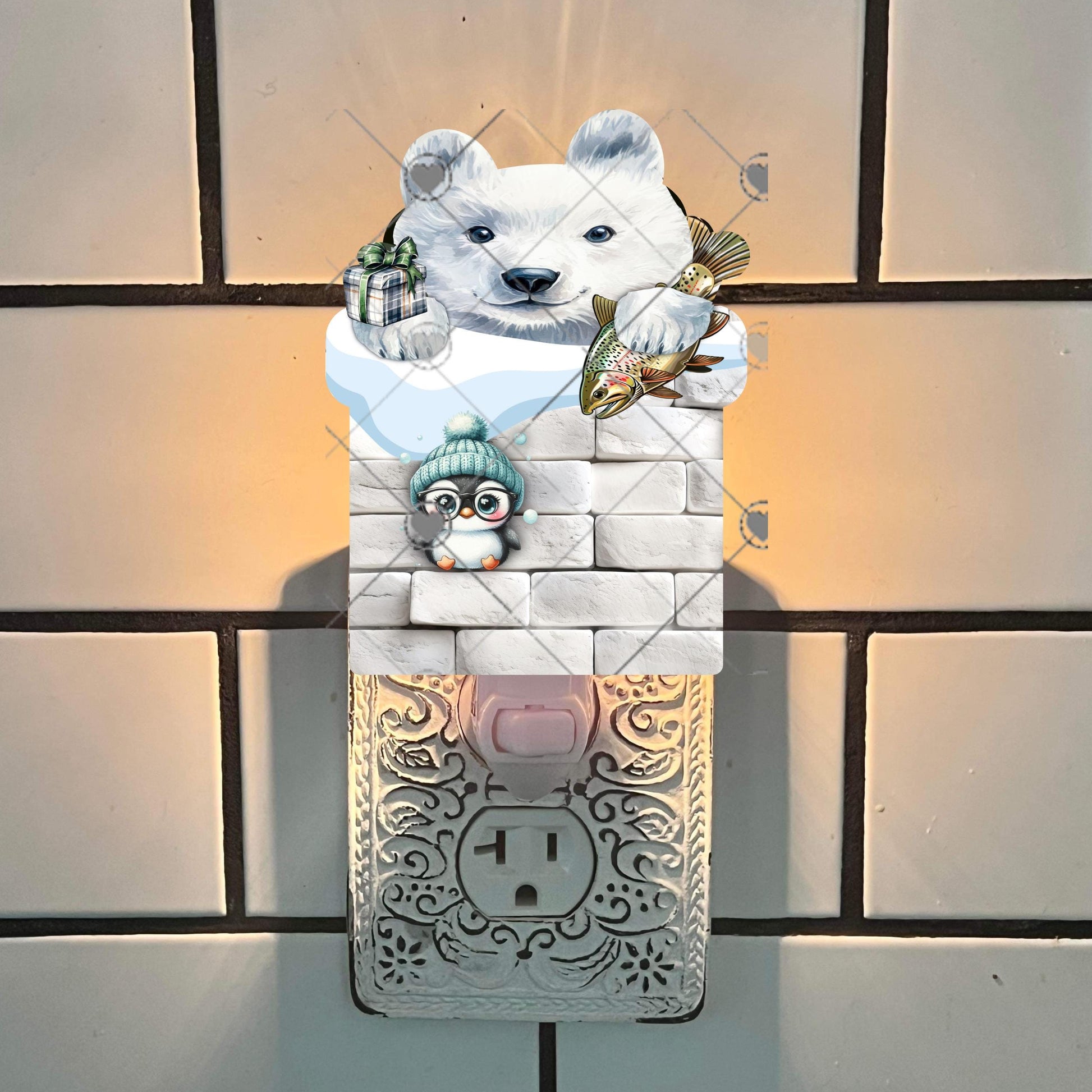 Polar bear in a chimney - Digital Design- Ornament, Shirt, Night Light - Acrylic or MDF