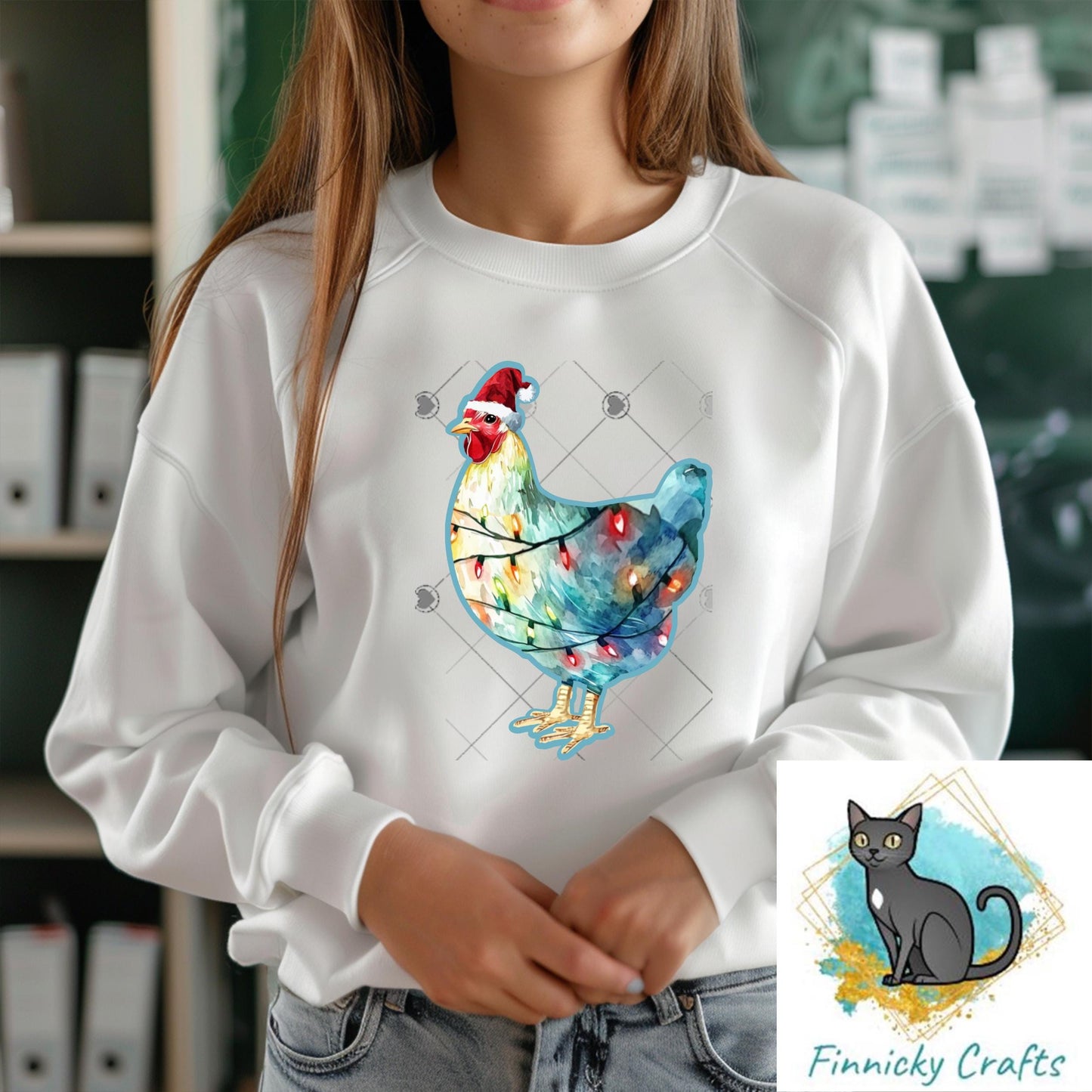 Christmas Chicken with Santa Hat and Lights - Sublimation Design, Design png, DTF, Earrings, Sign, Decor, Ornament