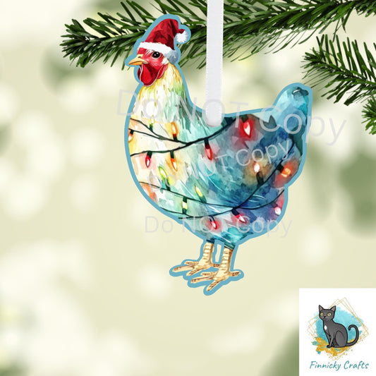 Christmas Chicken with Santa Hat and Lights - Sublimation Design, Design png, DTF, Earrings, Sign, Decor, Ornament