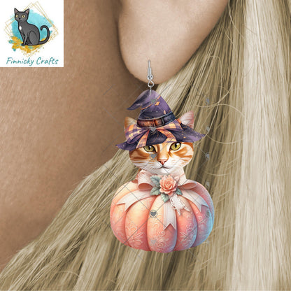Cat in a Witch’s Hat in a Pumpkin Sublimation Design, Download, Sign, Suncatcher, Night Light, Acrylic, MDF, DTF, Earrings