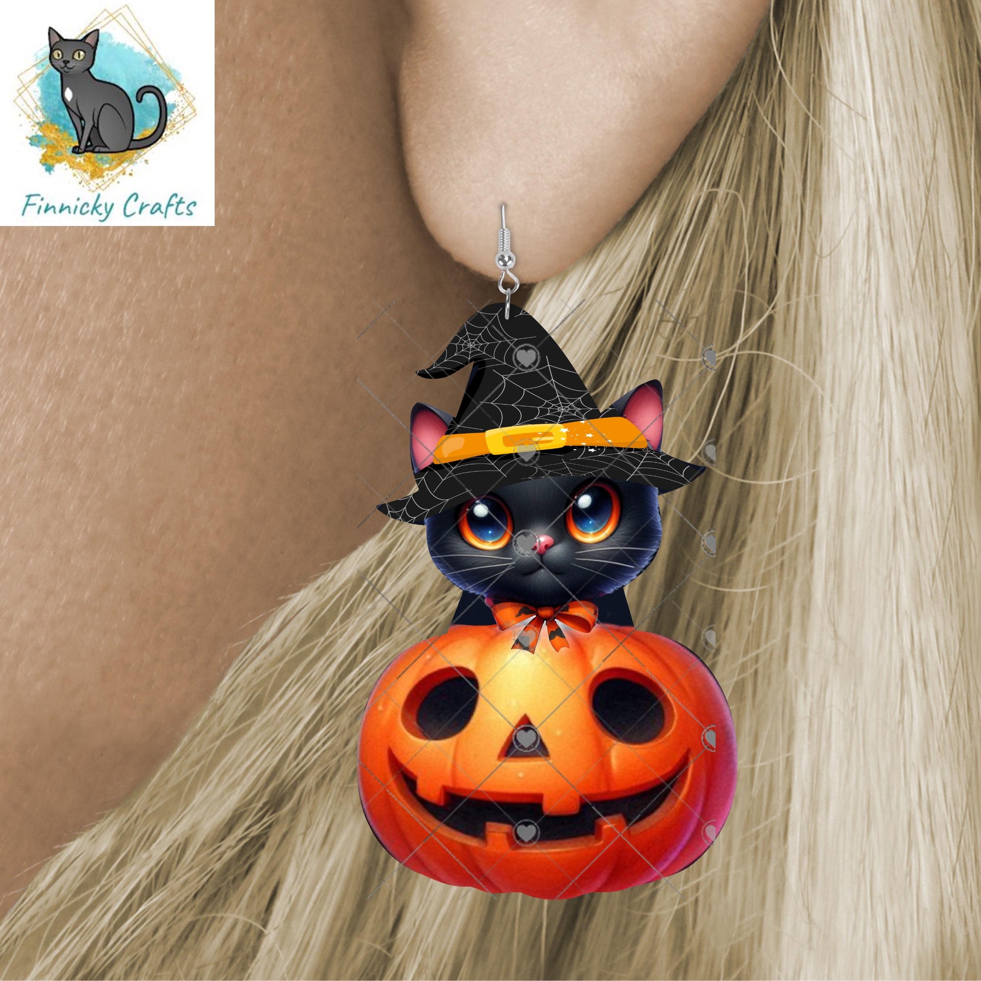 Cat in a Witch’s Hat in a Pumpkin Sublimation Design, Download, Sign, Suncatcher, Night Light, Acrylic, MDF, DTF, Earrings