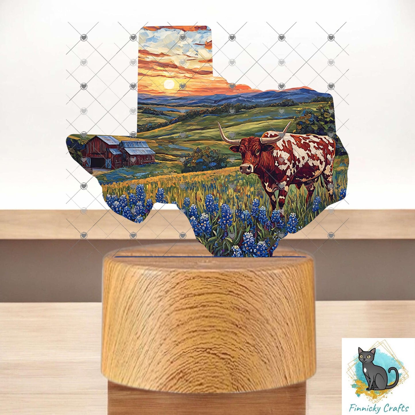 Texas Landscape png - Bluebonnets, Longhorn - Sublimation Designs - Acrylic Light Base - Decor - Night Light - Gift