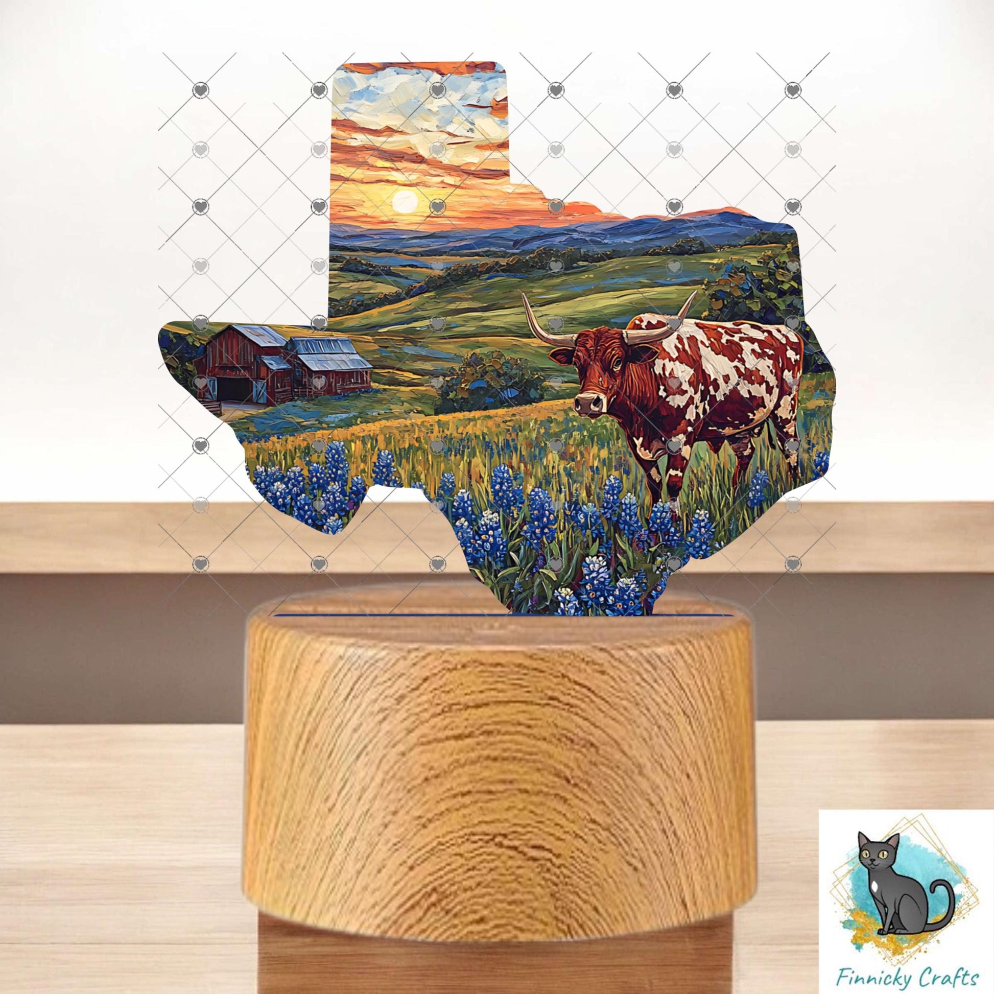 Texas Landscape png - Bluebonnets, Longhorn - Sublimation Designs - Acrylic Light Base - Decor - Night Light - Gift