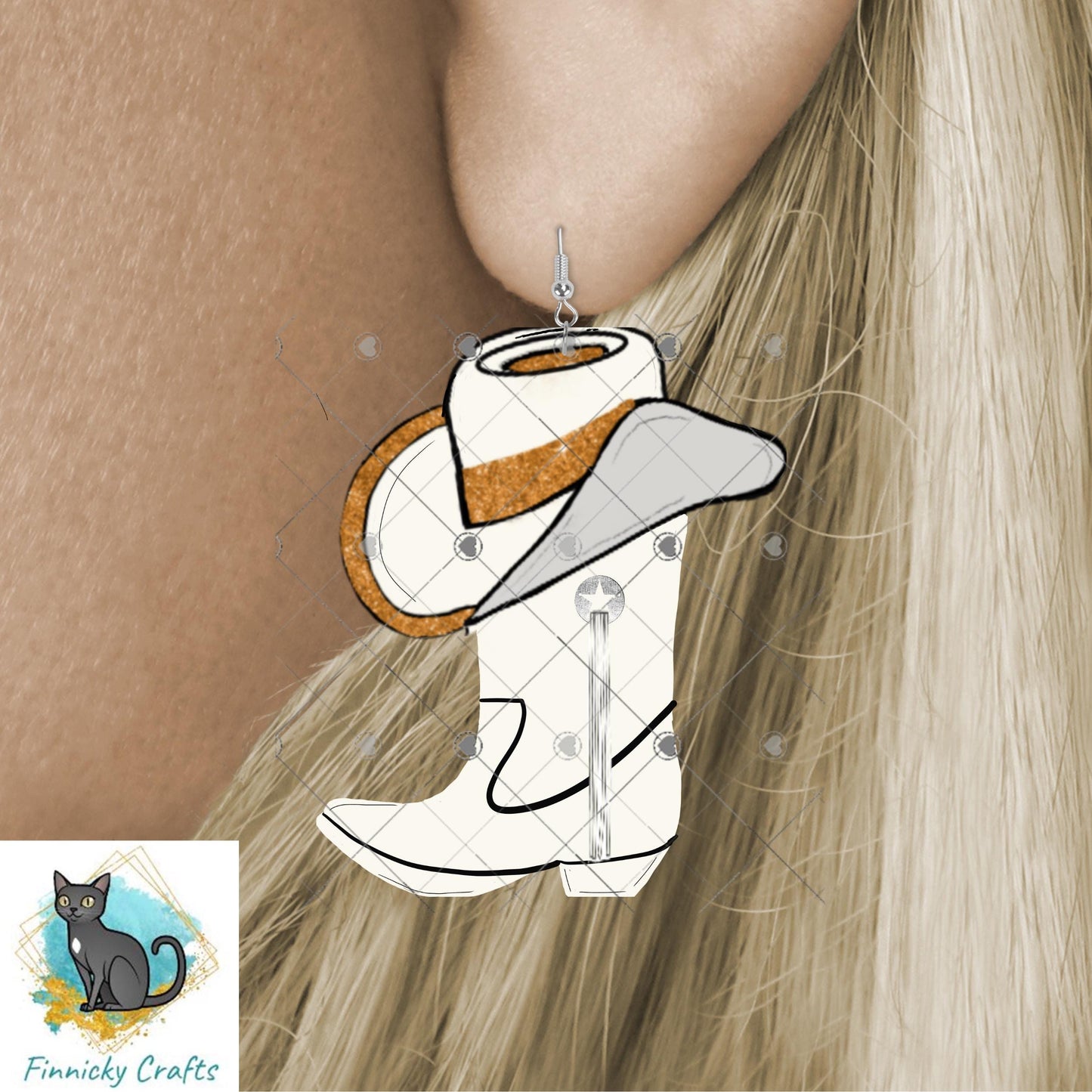 Cowboy Hat & Boot Shape, Drill team, Orange, White, Cute, Sublimation, PNG, Digital Download, Earrings