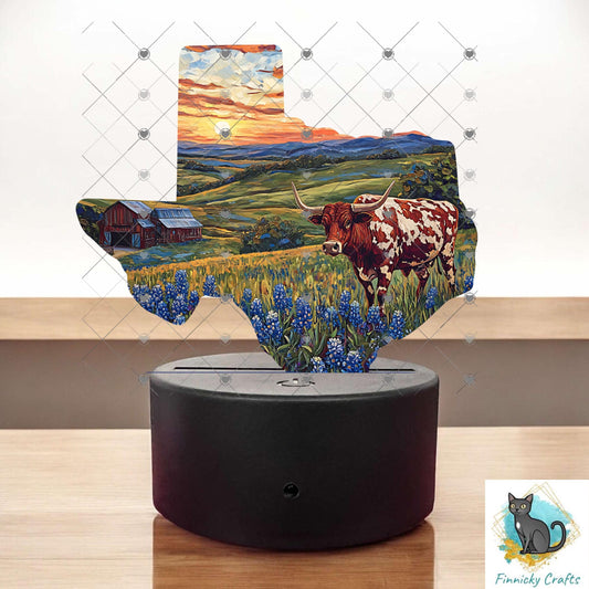 Texas Landscape png - Bluebonnets, Longhorn - Sublimation Designs - Acrylic Light Base - Decor - Night Light - Gift