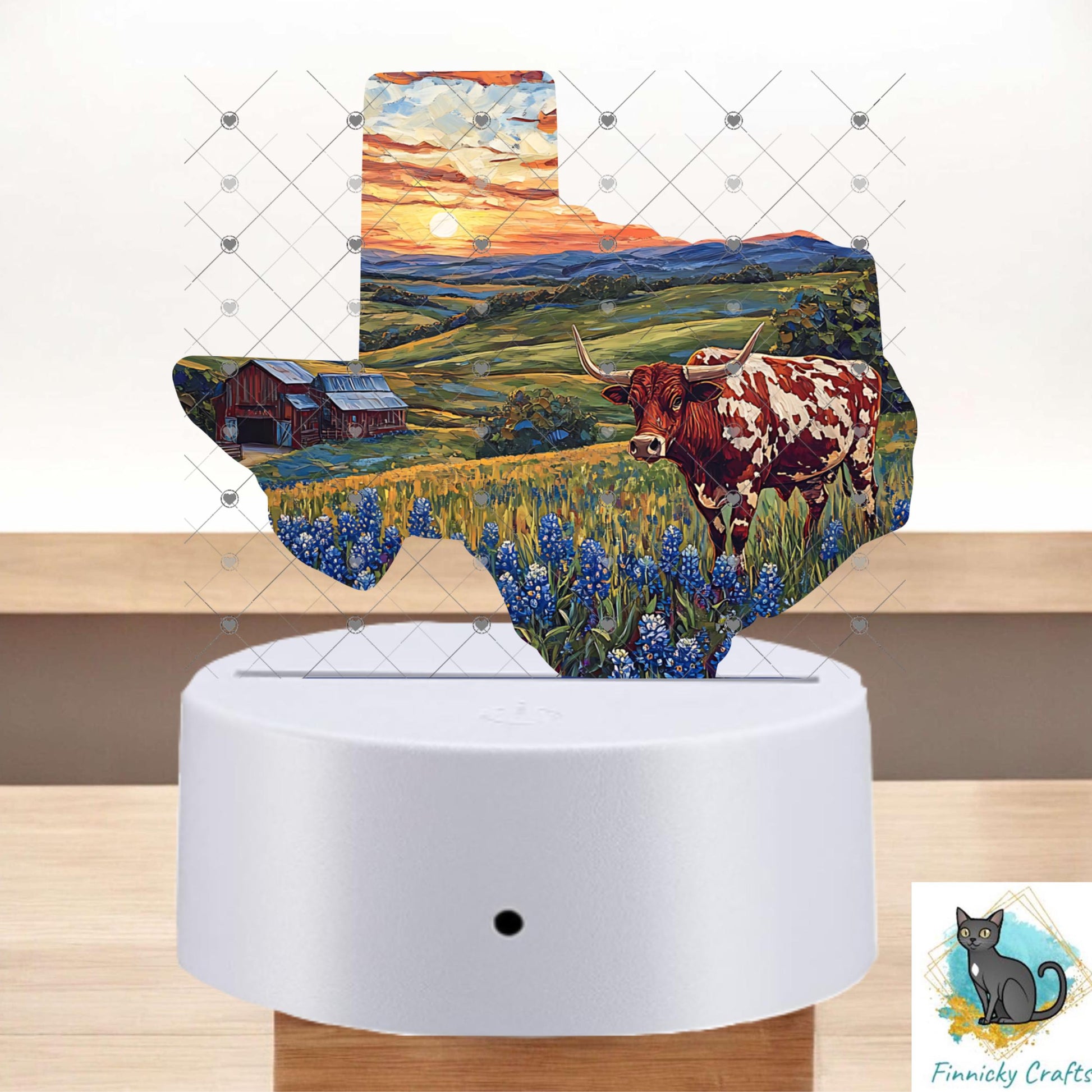Texas Landscape png - Bluebonnets, Longhorn - Sublimation Designs - Acrylic Light Base - Decor - Night Light - Gift