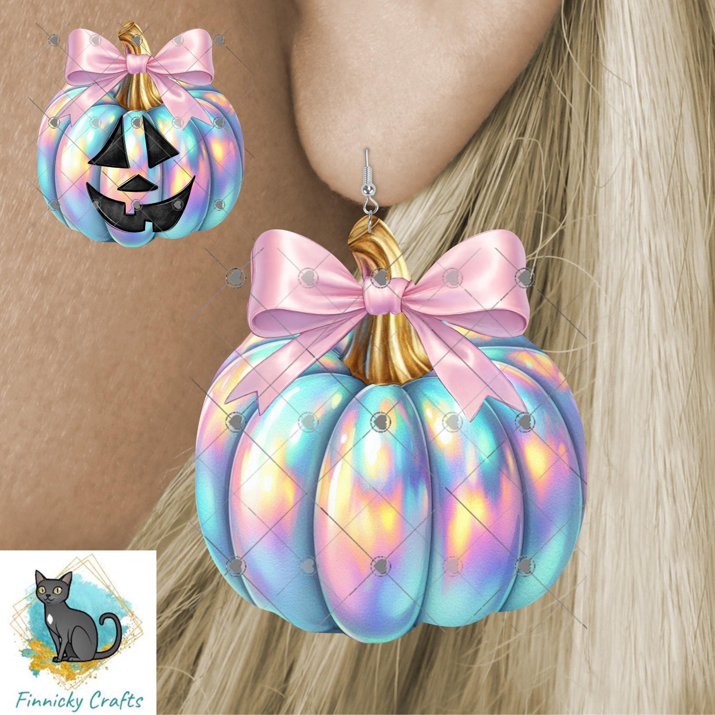 Iridescent Pumpkin with Bow, Sublimation, Digital, PNG Design, Download for Earrings, Necklace, Wall Decor, Door Hanger, Keychain