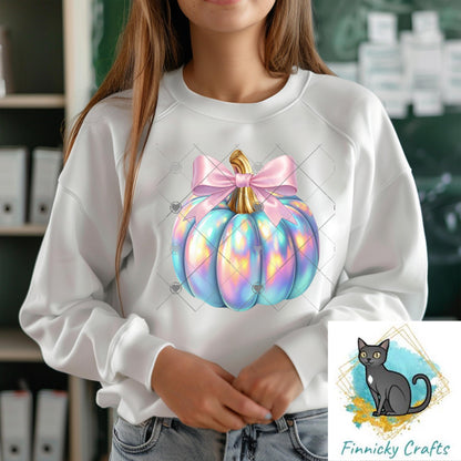 Iridescent Pumpkin with Bow, Sublimation, Digital, PNG Design, Download for Earrings, Necklace, Wall Decor, Door Hanger, Keychain