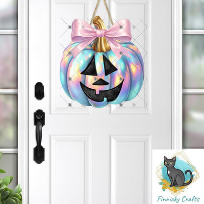 Iridescent Pumpkin with Bow, Sublimation, Digital, PNG Design, Download for Earrings, Necklace, Wall Decor, Door Hanger, Keychain