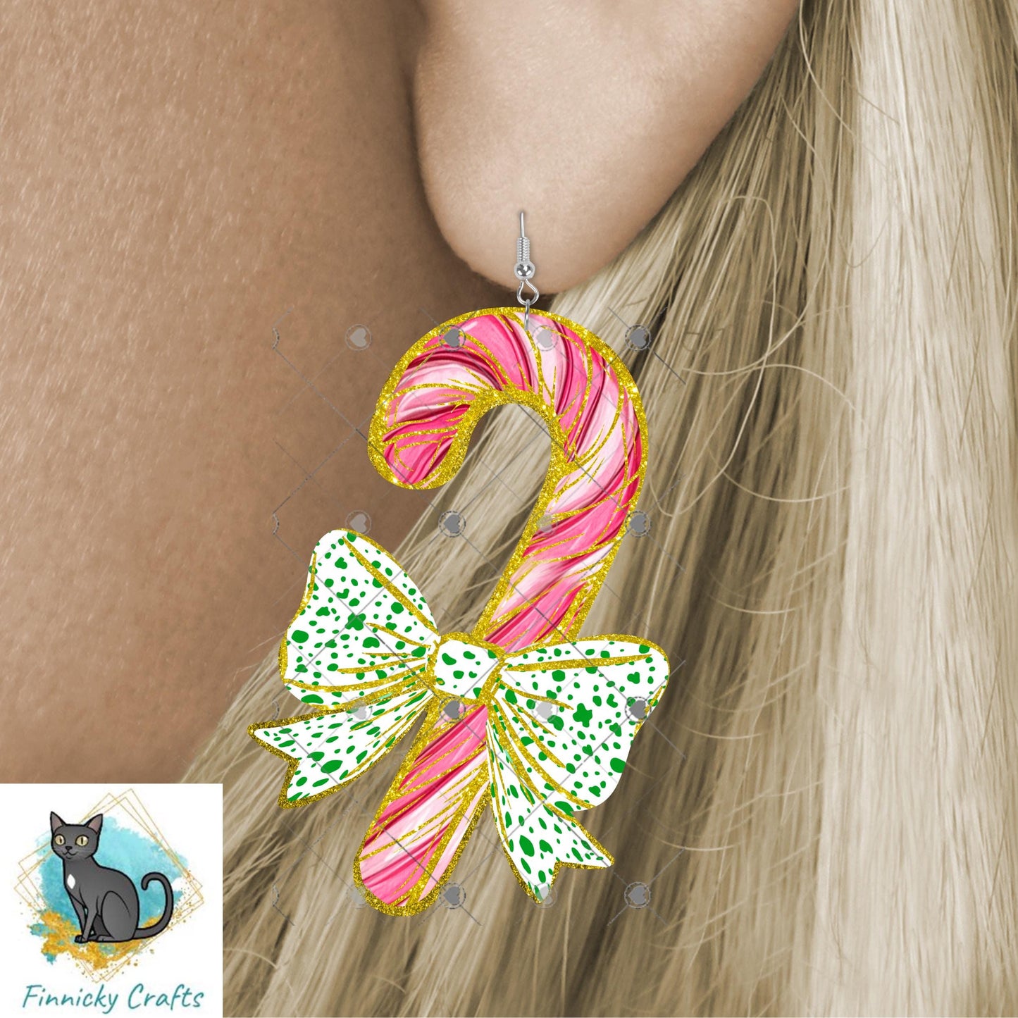 Candy Cane Bow Christmas Sublimation Design png, Earrings, Door Hanger, Ornament, DTF