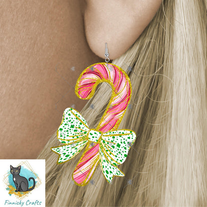 Candy Cane Bow Christmas Sublimation Design png, Earrings, Door Hanger, Ornament, DTF