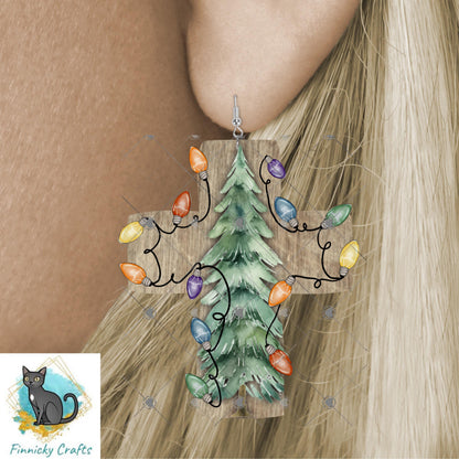 Christmas Lights Cross, Sublimation, Digital, PNG Design, Download for Earrings, Wall Decor, Door Hanger, Keychain