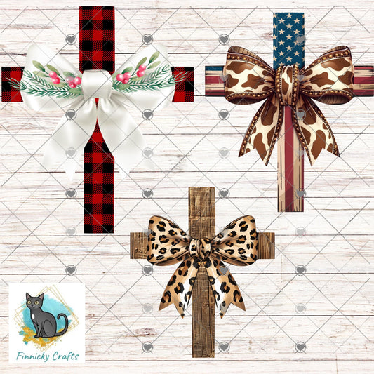 Cross with Bow, Christmas, Leopard, American Flag, Sublimation, Digital, PNG Design, Download for Earrings, Wall Decor, Door Hanger