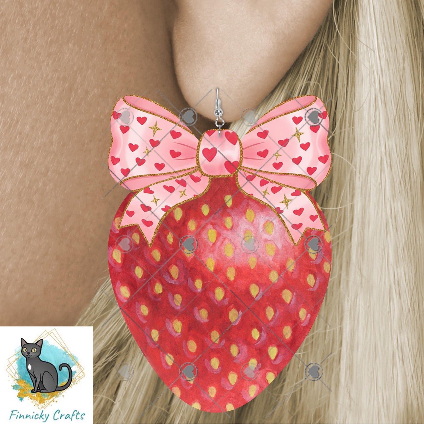 Strawberry with Bow - Sublimation Design Png Template - Gift, Earrings, Night Light, keyring, DTF