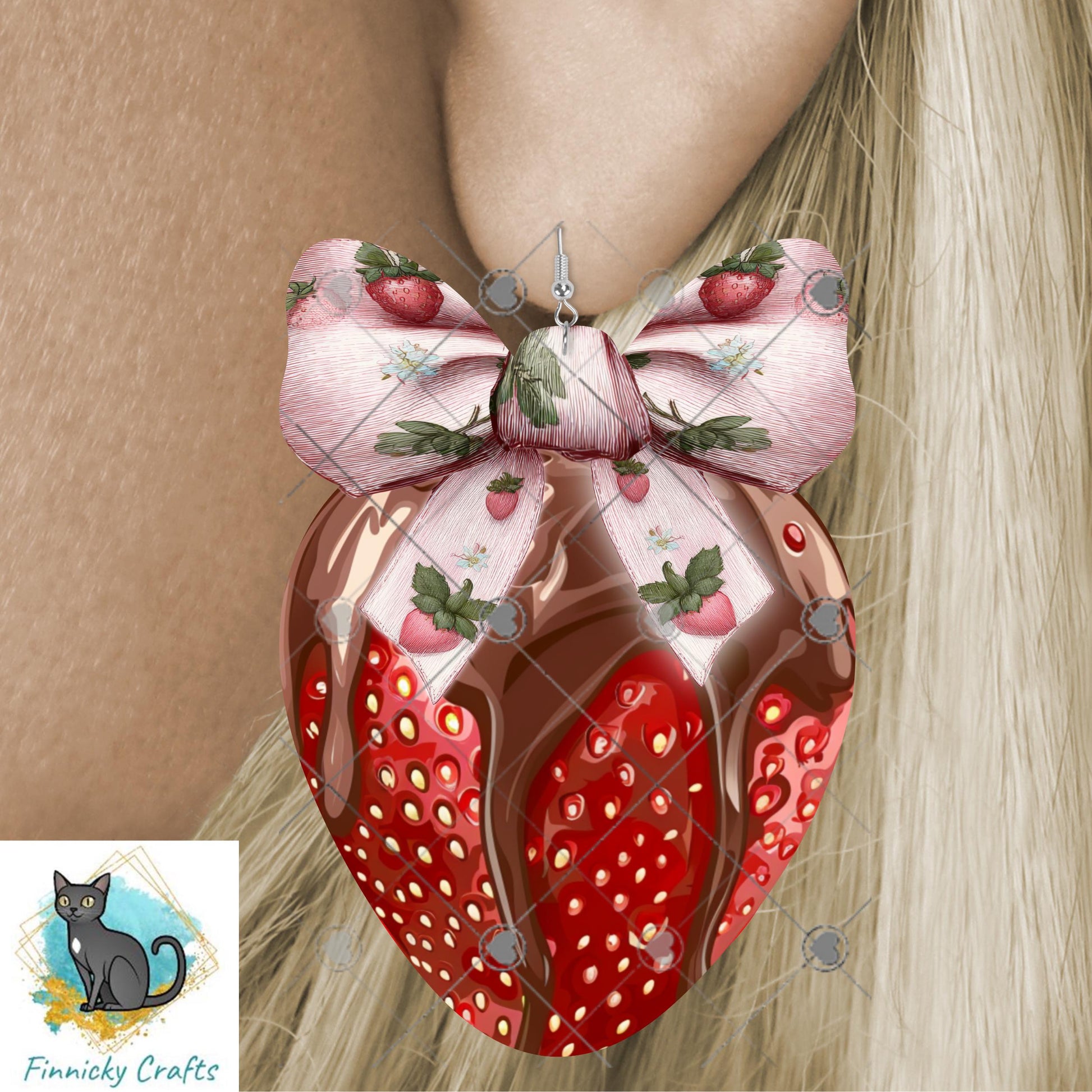 Strawberry with Bow - Sublimation Design Png Template - Gift, Earrings, Night Light, keyring, DTF
