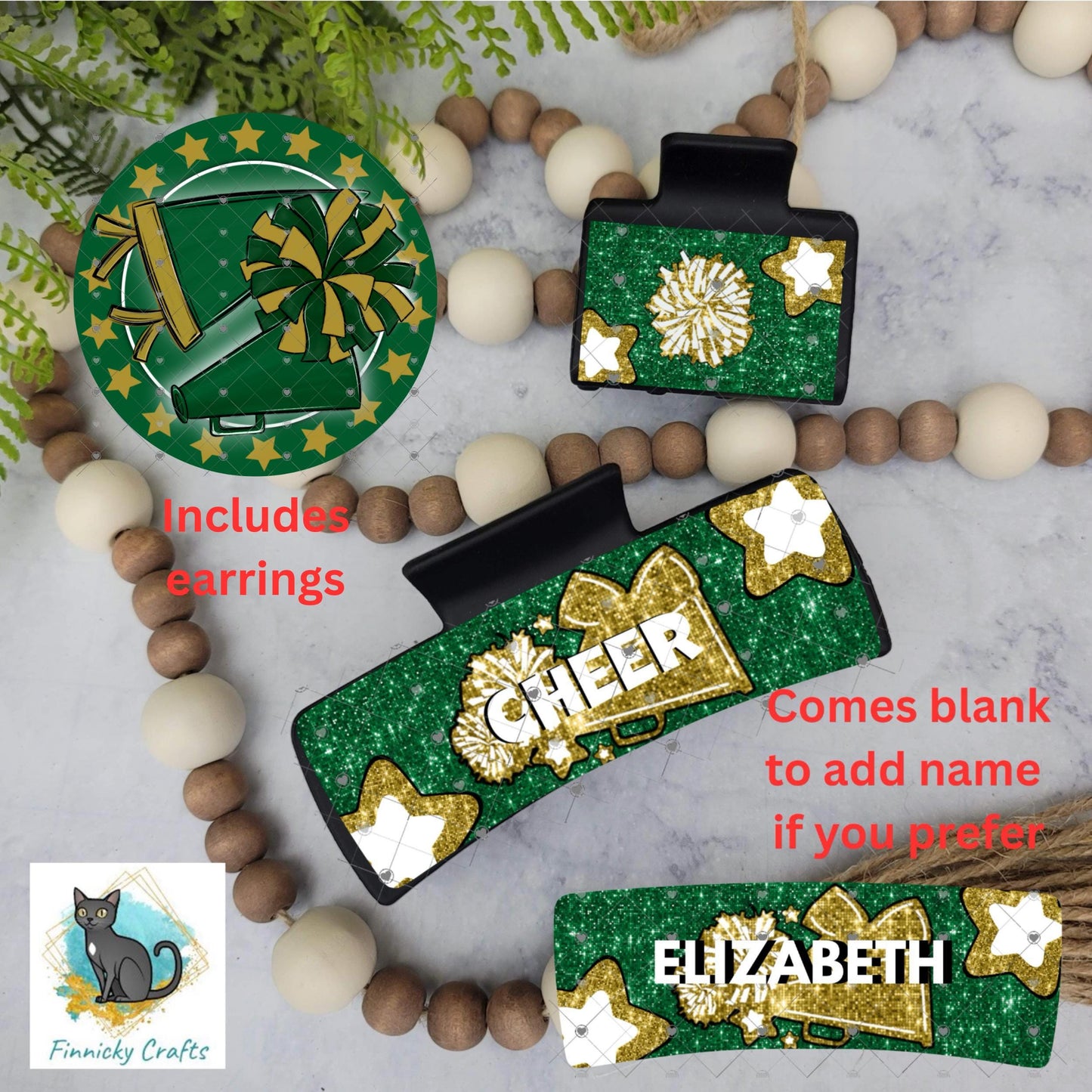 Cheer Hair Clip, Large and Small - Add Personalization or comes with “Cheer” Digital Download - Green and Gold