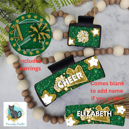 Cheer Hair Clip, Large and Small - Add Personalization or comes with “Cheer” Digital Download - Green and Gold