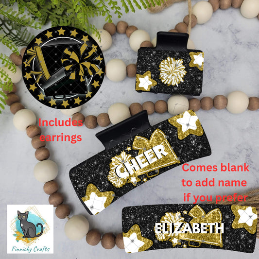 Cheer Hair Clip, Large and Small - Add Personalization or comes with “Cheer” Digital Download - Black and Gold