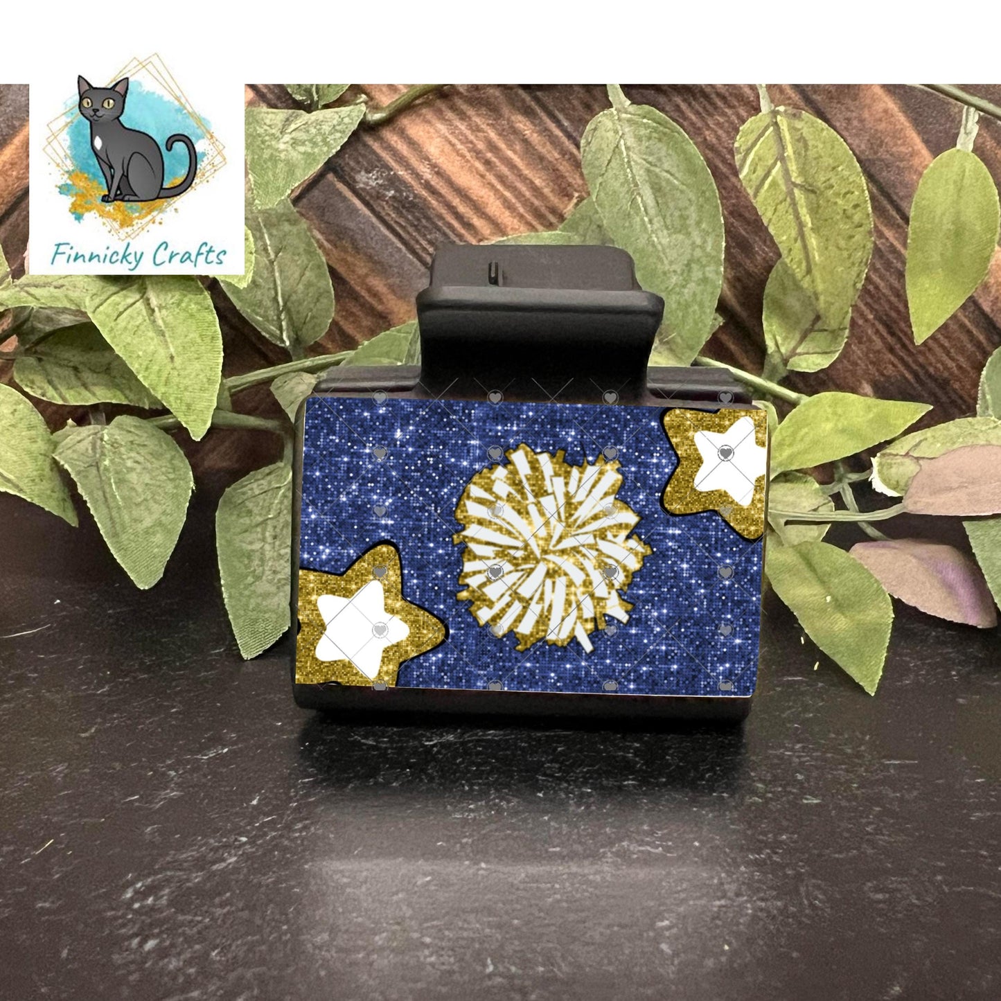 Cheer Hair Clip, Large and Small and Earrings - Add Personalization or comes with “Cheer” Digital Download - Blue and Gold