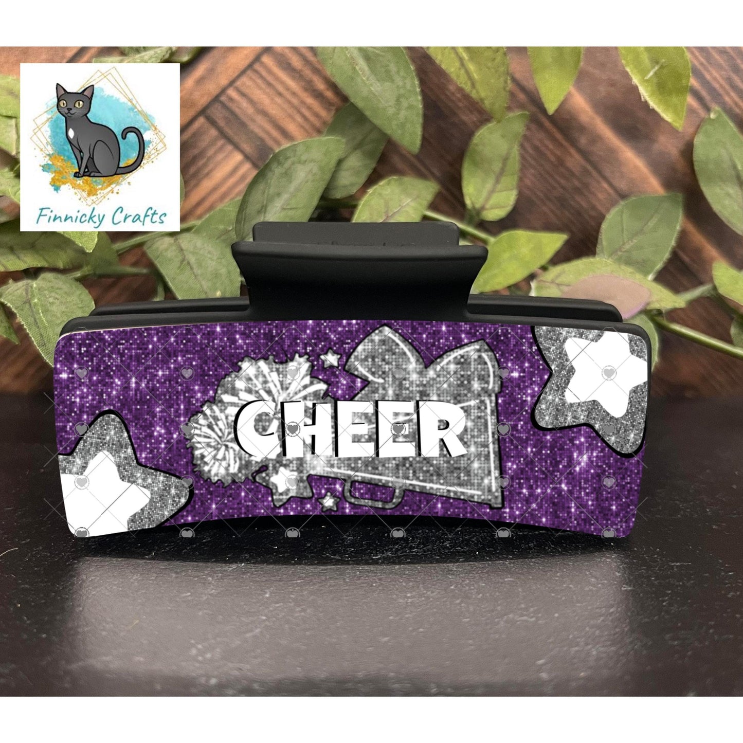 Cheer Hair Clip and Earrings, Large and Small - Add Personalization or comes with “Cheer” Digital Download - Purple and White