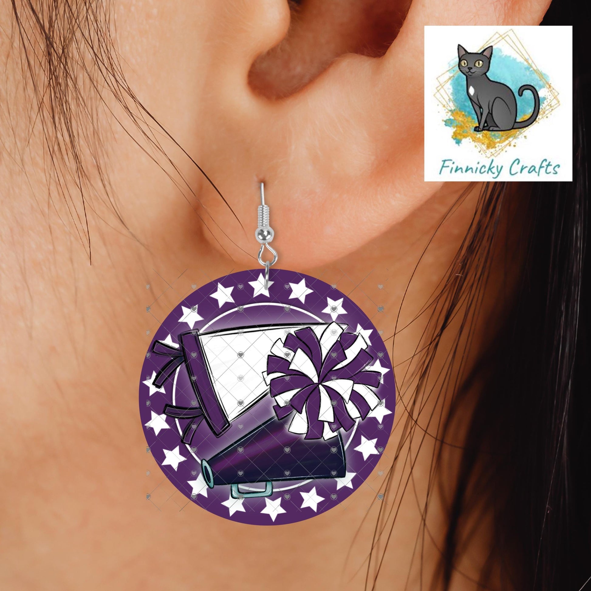 Cheer Hair Clip and Earrings, Large and Small - Add Personalization or comes with “Cheer” Digital Download - Purple and White