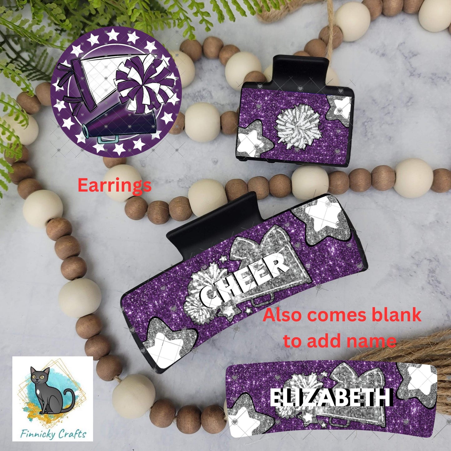 Cheer Hair Clip and Earrings, Large and Small - Add Personalization or comes with “Cheer” Digital Download - Purple and White