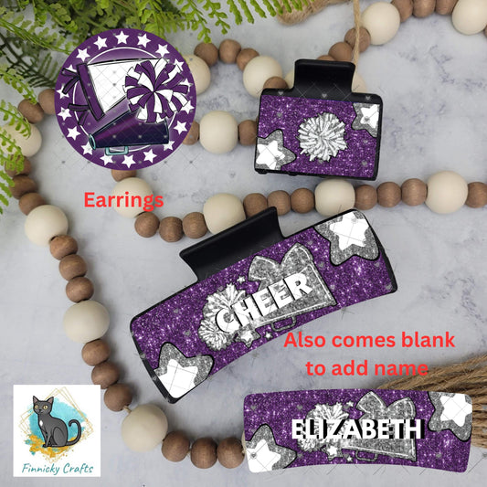 Cheer Hair Clip and Earrings, Large and Small - Add Personalization or comes with “Cheer” Digital Download - Purple and White
