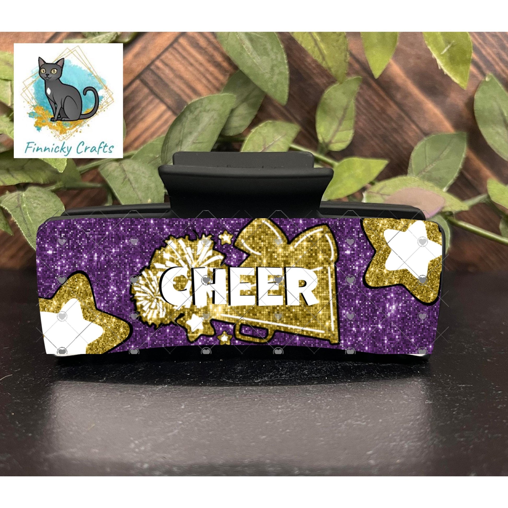 Cheer Hair Clip and Earrings, Large and Small - Add Personalization or comes with “Cheer” Digital Download - Purple and Gold