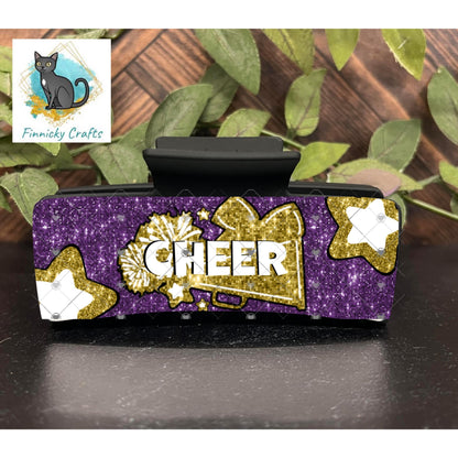 Cheer Hair Clip and Earrings, Large and Small - Add Personalization or comes with “Cheer” Digital Download - Purple and Gold
