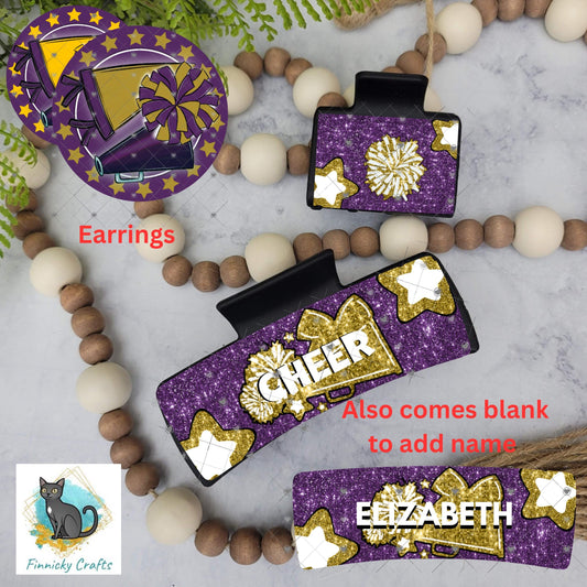 Cheer Hair Clip and Earrings, Large and Small - Add Personalization or comes with “Cheer” Digital Download - Purple and Gold