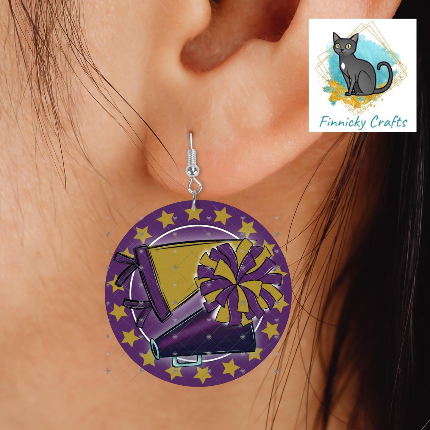Cheer Hair Clip and Earrings, Large and Small - Add Personalization or comes with “Cheer” Digital Download - Purple and Gold