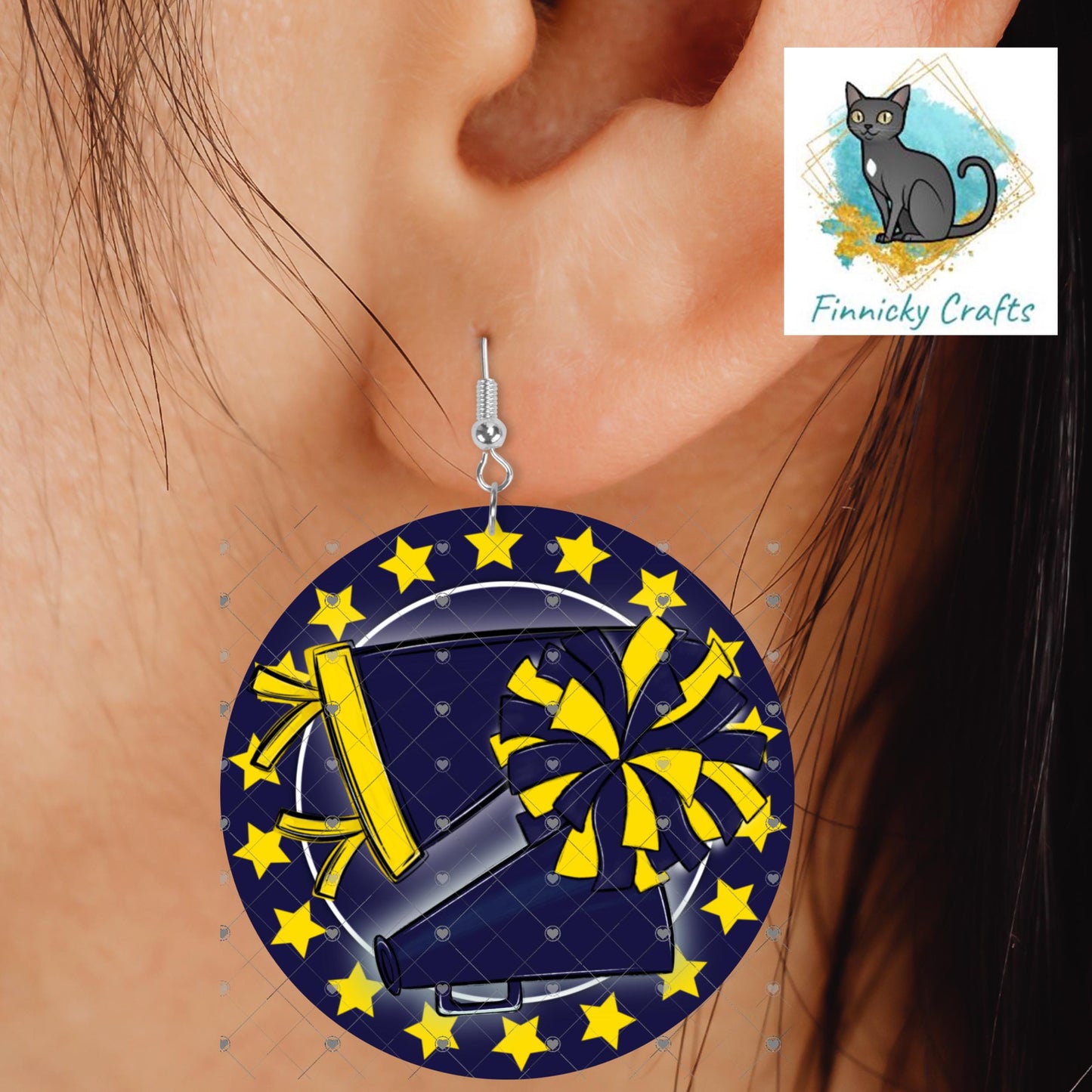 Cheer Hair Clip, Large and Small and Earrings - Add Personalization or comes with “Cheer” Digital Download - Navy Blue and Gold