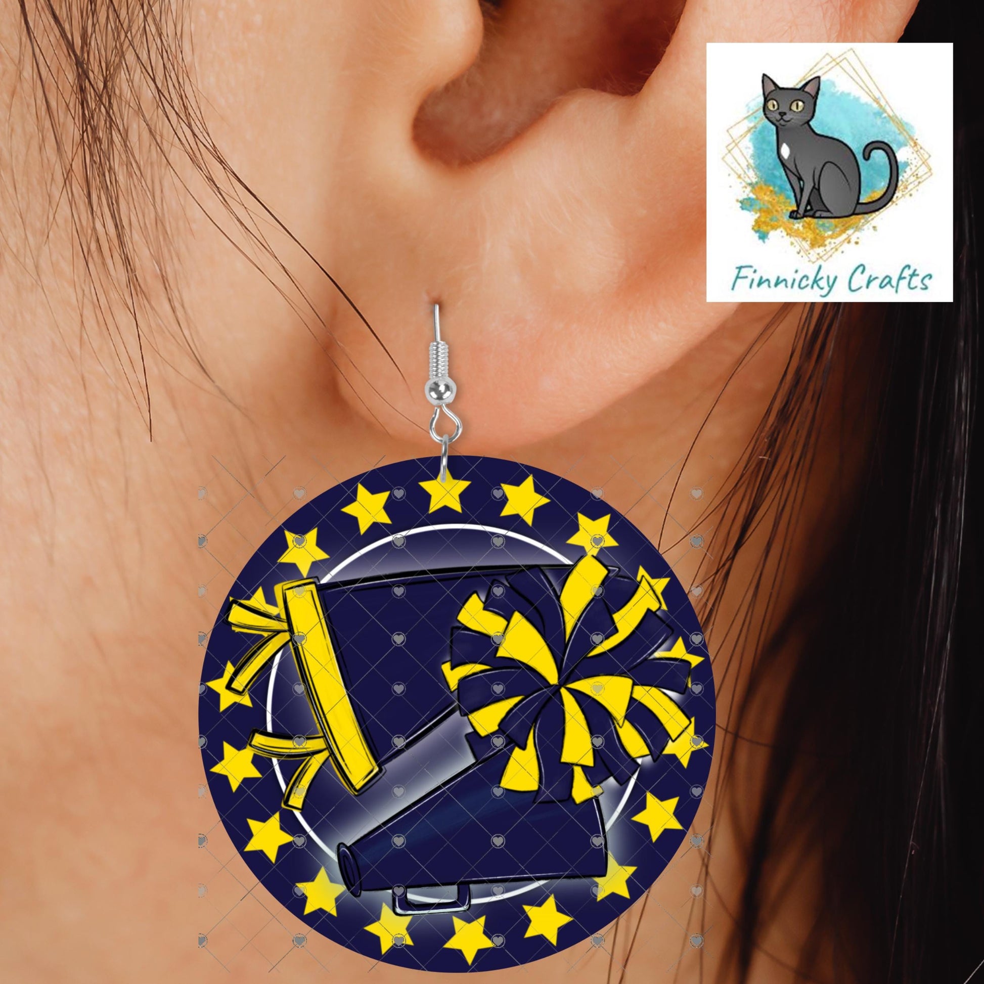 Cheer Hair Clip, Large and Small and Earrings - Add Personalization or comes with “Cheer” Digital Download - Navy Blue and Gold