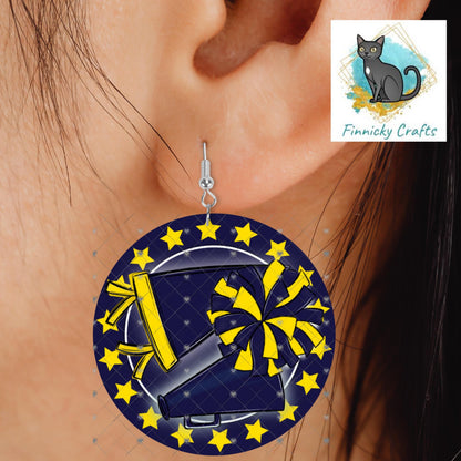 Cheer Hair Clip, Large and Small and Earrings - Add Personalization or comes with “Cheer” Digital Download - Navy Blue and Gold
