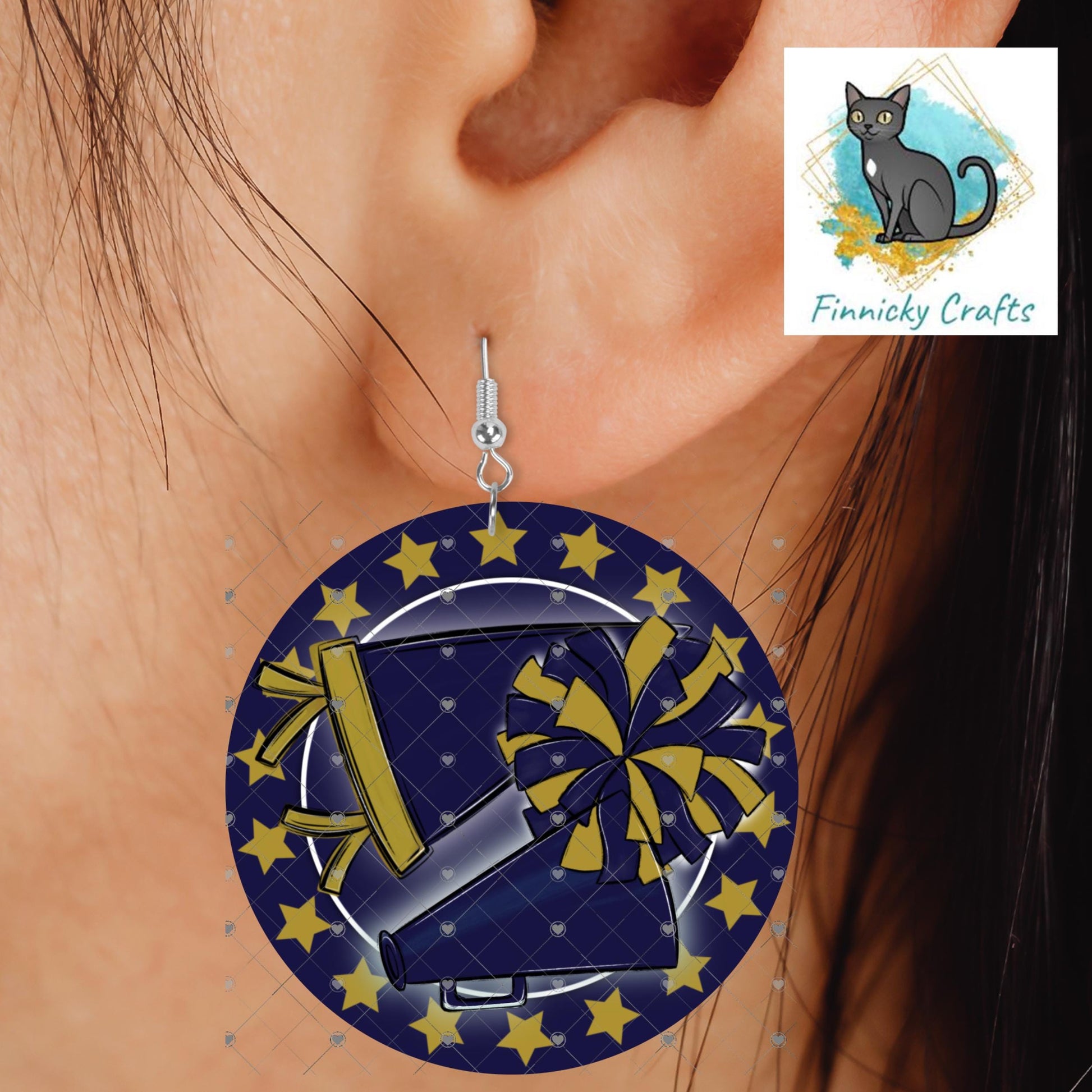 Cheer Hair Clip, Large and Small and Earrings - Add Personalization or comes with “Cheer” Digital Download - Navy Blue and Gold