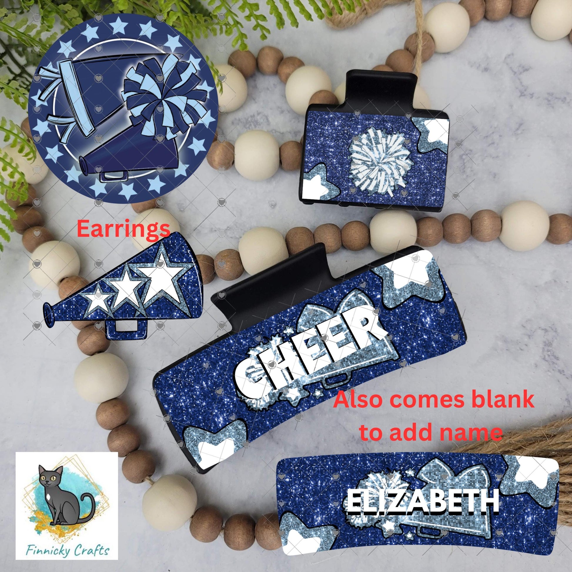 Cheer Hair Clip, Large and Small and Earrings - Add Personalization or comes with “Cheer” Digital Download - Dark and Light Blue