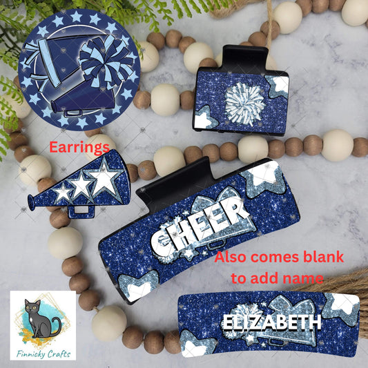 Cheer Hair Clip, Large and Small and Earrings - Add Personalization or comes with “Cheer” Digital Download - Dark and Light Blue