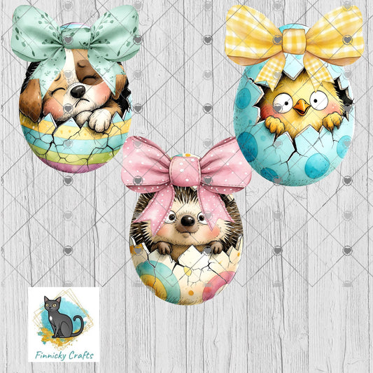 Easter Eggs with Bows – Sublimation Design (PNG), Digital Design, DTF, chick, dog, hedgehog