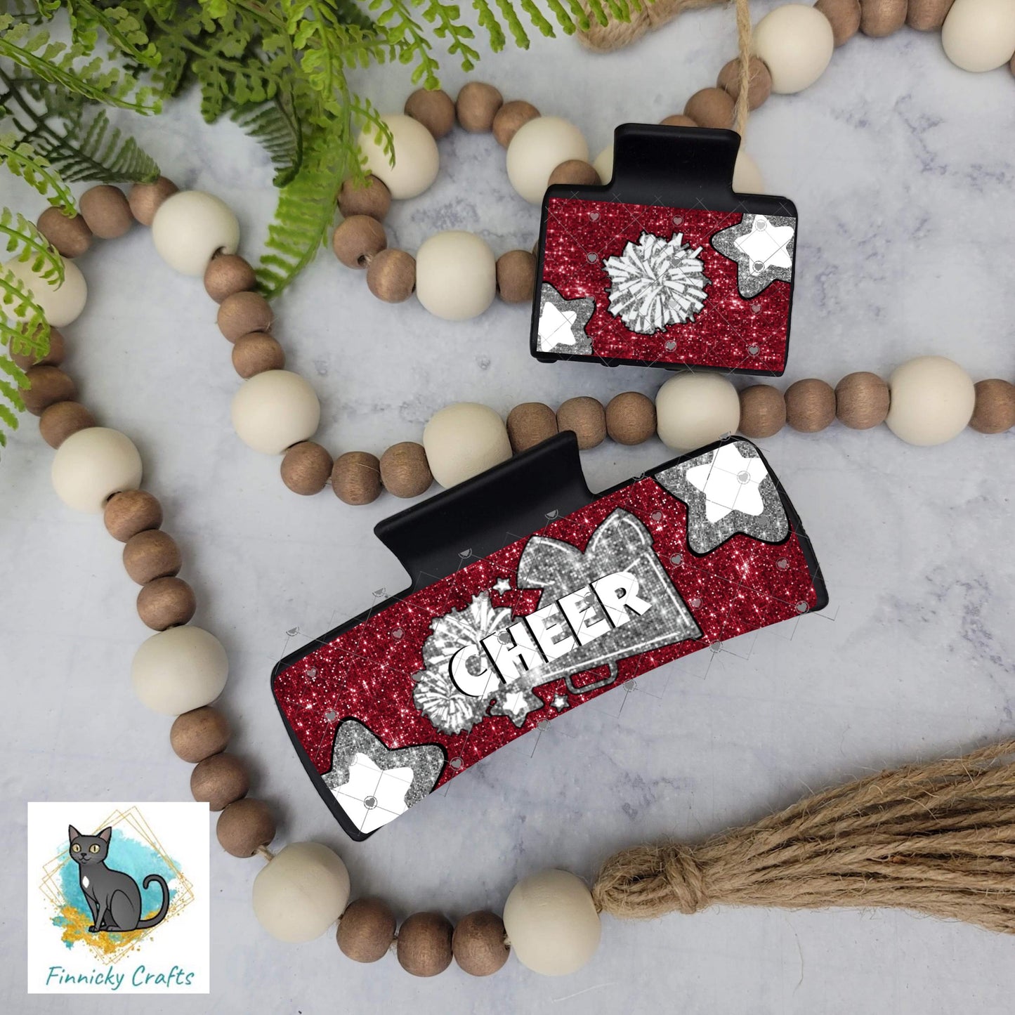 Cheer Hair Clip, Large and Small - Add Personalization or comes with “Cheer” Digital Download - Red and Gray