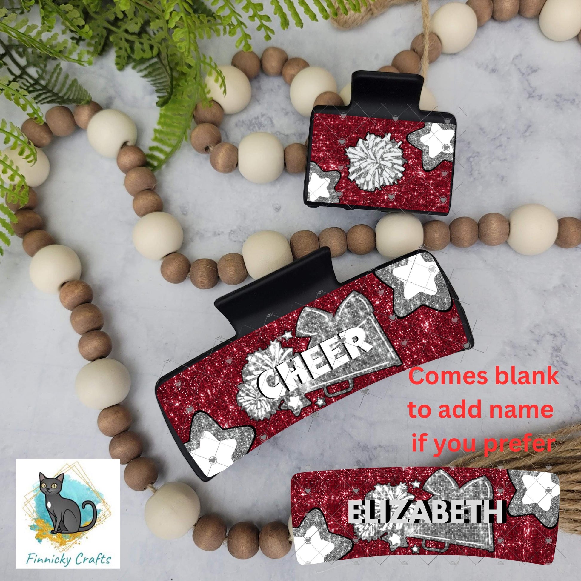 Cheer Hair Clip, Large and Small - Add Personalization or comes with “Cheer” Digital Download - Red and Gray